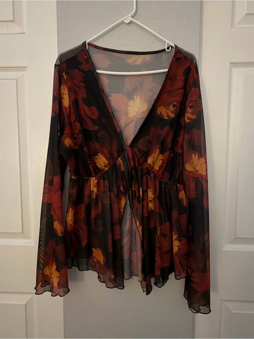 SHEIN Black Burgundy and Mustard Floral Tie-Front Sheer Blouse